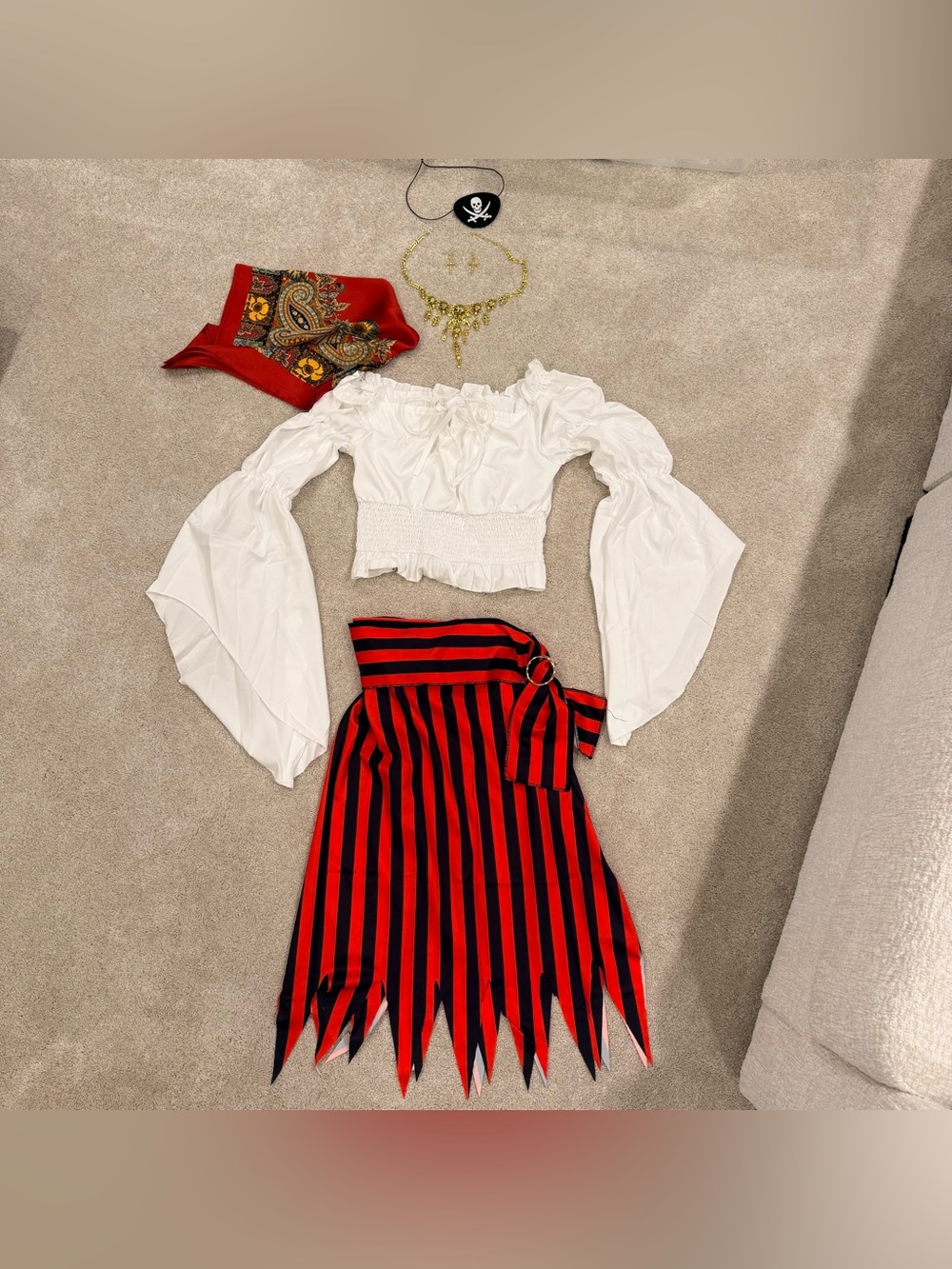 Women’s Pirate Costume Set - ruffle, Striped Red Black Skirt, Jewelry, scarf NEW